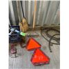 Image 2 : 2 - Slow Moving Signs, 2 Clamps, Rake, 2 Brooms, misc. Hose & Old Grinder & misc.