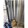Image 4 : 2 - Slow Moving Signs, 2 Clamps, Rake, 2 Brooms, misc. Hose & Old Grinder & misc.