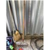 Image 5 : 2 - Slow Moving Signs, 2 Clamps, Rake, 2 Brooms, misc. Hose & Old Grinder & misc.