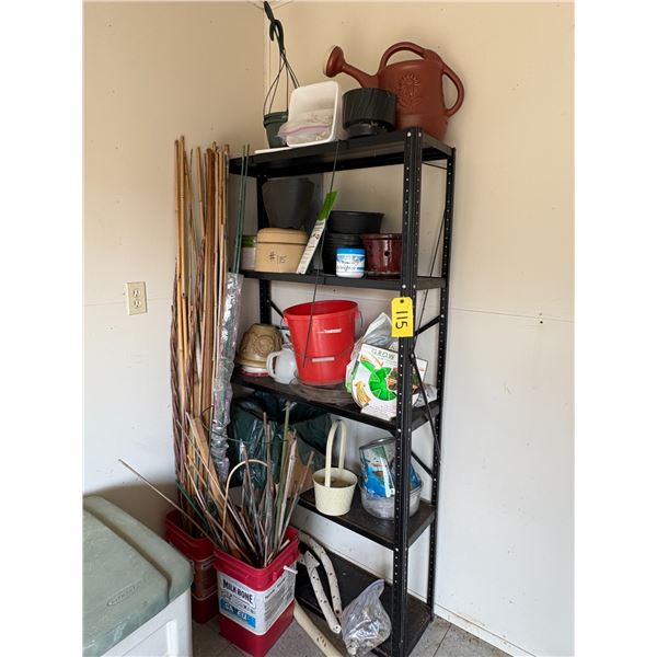 Metal Shelf c/w Bamboo Shoots, Pots, Pail, Watering Jug, etc.