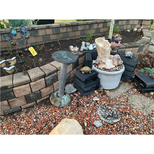 Assort. Of Garden Ornaments, Solar Lights, Water Fountain & Heavy Birdbath