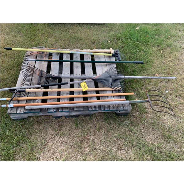One Lot of 4 Rakes, 5 Tine Fork & misc. Garden Tools