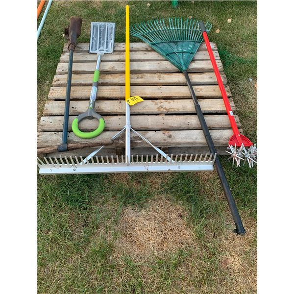 Landscape Asphalt Rake, As New 4 Tine Fork, Garden Weasel, Post Hole Auger & Green Rake
