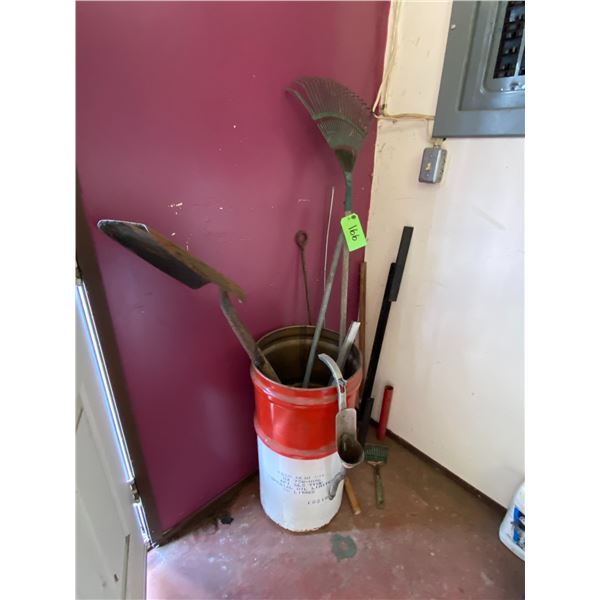 Barrel c/w misc. tools, 2 Rolls of Caution Tape & misc. in cupboard