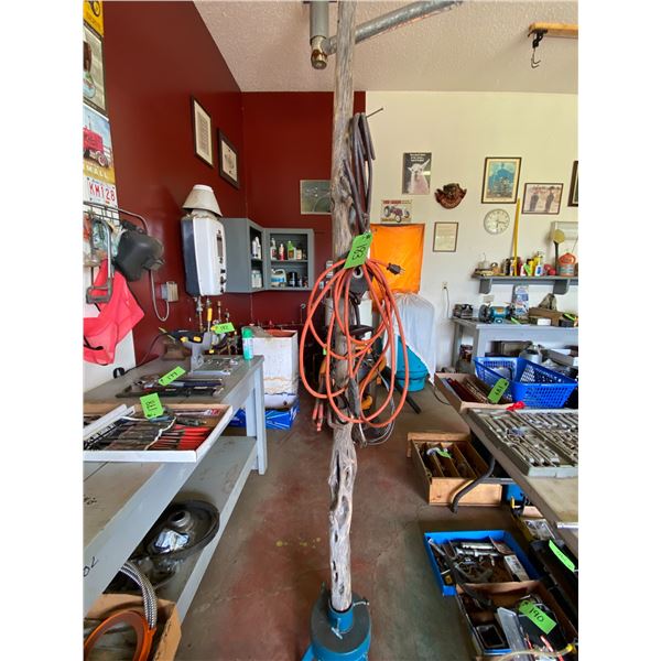 Wood Pole c/w Stand & misc. hanging on the stand