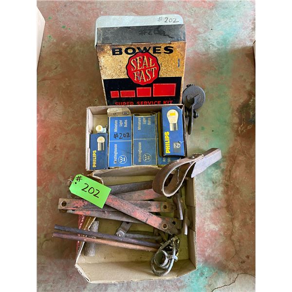 Old BOWES Metal Service Kit, qty of Old Auto Lights, Exhaust Cap & Harrow Draws, Case Tool Box