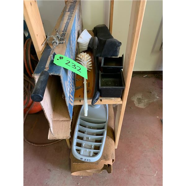 Wood Shelf c/w Yard Light, Cork Casket, Cleaning Brushes, Carpenters Pouch, Yamaha Took, Cord Reel, 