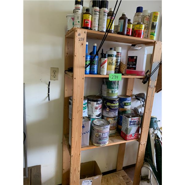 Wood Shelf Unit c/w Norizone, Rubbing Alcohol, Opti-4, Drifab, Paints, Water Sealer, etc.