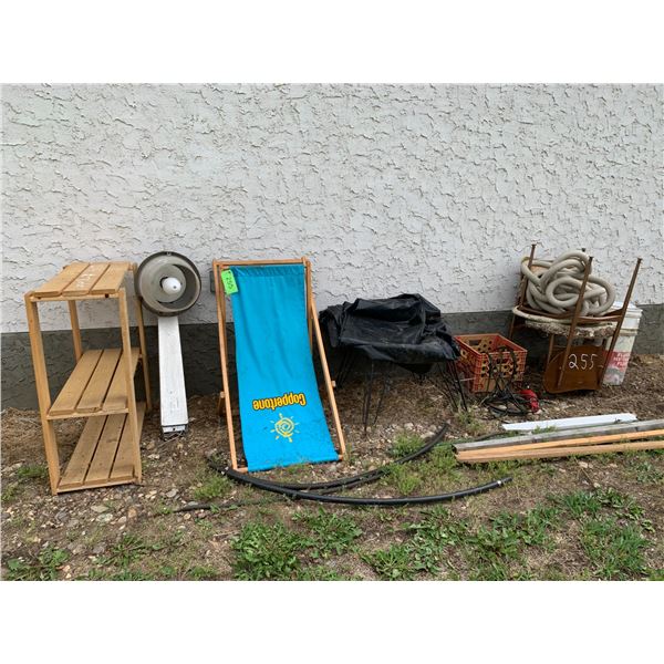 Wood Shelf, Yard Light, Sun Chair, Black Poly, Vacuum Hose, Hyd Hose, misc. lumber