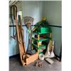 Image 1 : Contents in the Corner - 2 Plastic Green Shelf Units, Chain Boomer, Rake, misc. wood