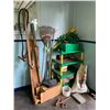 Image 9 : Contents in the Corner - 2 Plastic Green Shelf Units, Chain Boomer, Rake, misc. wood