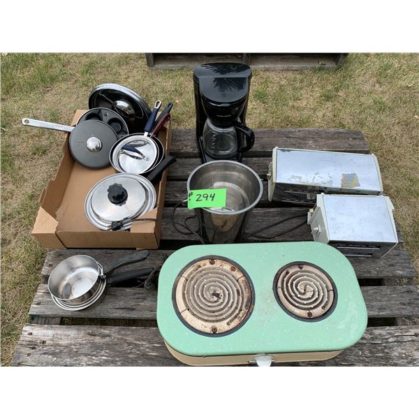 Assort. of pots, egg poacher skillet, sunshine elec. 2-burner cook top, 2- toasters, ice bucket & 12