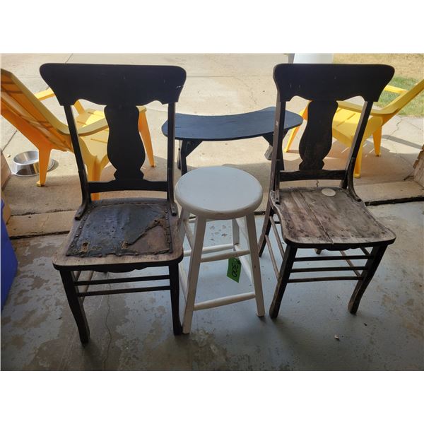 2- Old Brown Wood Chairs & White Stool