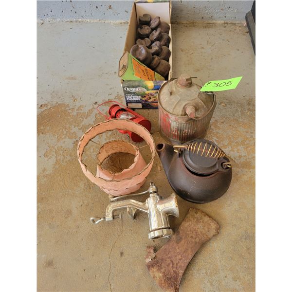 Assortment Of Antiques: Small Lantern, Lamp Shade, Meat Grinder, Cast Iron Tea Pot, Old Jerry Can