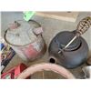 Image 3 : Assortment Of Antiques: Small Lantern, Lamp Shade, Meat Grinder, Cast Iron Tea Pot, Old Jerry Can