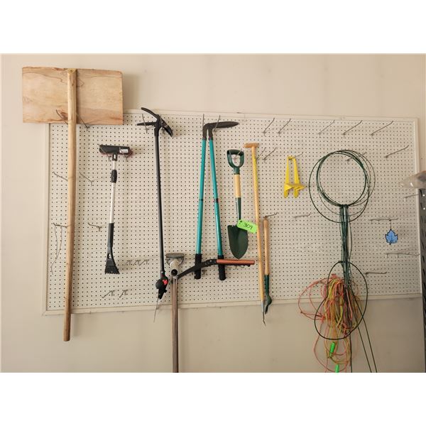 Assortment of Garden Tool: Wood Shovel, Snowbrush, Spade, Cutters, Plant Stakes, Rope, Skipping Rope