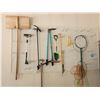 Image 1 : Assortment of Garden Tool: Wood Shovel, Snowbrush, Spade, Cutters, Plant Stakes, Rope, Skipping Rope