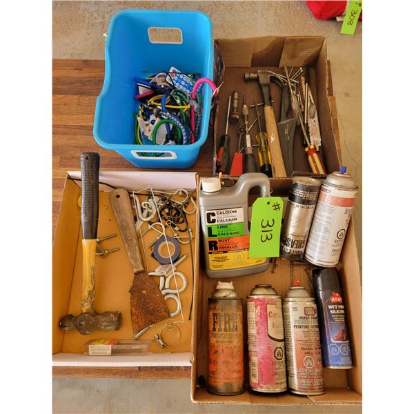 4 Containers misc. small Badges, Cords, Hammer, Screwdrivers, Cutting Oil