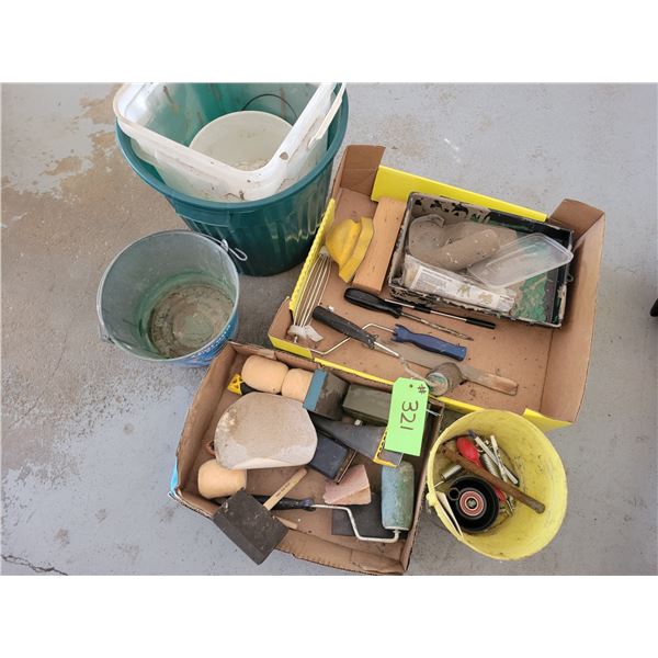 Pail, Small Green Plastic Garbage Can, Sandpaper, Paint Roller & misc.