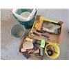 Image 1 : Pail, Small Green Plastic Garbage Can, Sandpaper, Paint Roller & misc.
