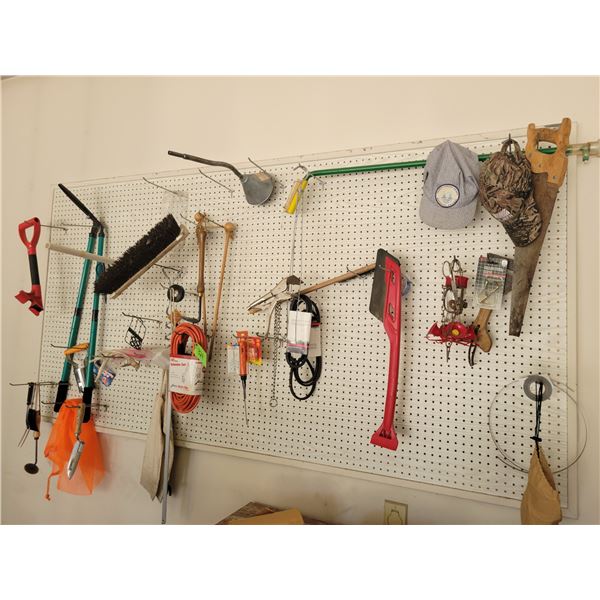 Contents of Peg Board - saw, snow blade, Bug & Fly Catcher, 50ft. Outdoor Ext. Cord, Sack, Broomhead