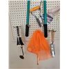 Image 2 : Contents of Peg Board - saw, snow blade, Bug & Fly Catcher, 50ft. Outdoor Ext. Cord, Sack, Broomhead
