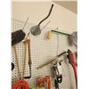 Image 6 : Contents of Peg Board - saw, snow blade, Bug & Fly Catcher, 50ft. Outdoor Ext. Cord, Sack, Broomhead