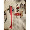 Image 8 : Contents of Peg Board - saw, snow blade, Bug & Fly Catcher, 50ft. Outdoor Ext. Cord, Sack, Broomhead