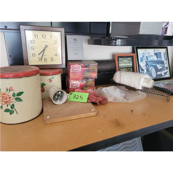 Contents on Counter - Grill Greats, 2 Tin Containers, 3 Pictures, Clock & Cup with Nails.