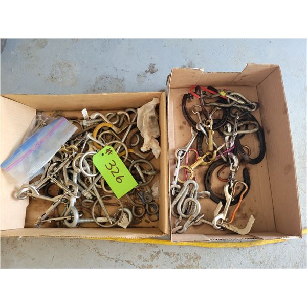 2 Boxes - Leash Connectors, Clips (on floor under picnic table)