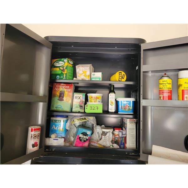 Contents in Cabinet - Miracle Grow, Tree Tanglefoot Insect Barrier, Schultz Acid Plus, Pruning Paint