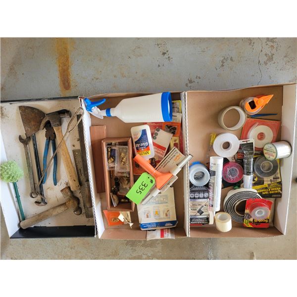 3 Boxes of Misc Spray Jug, Hammer, File, Glue, Tapes, Sealing Tape, Silicone