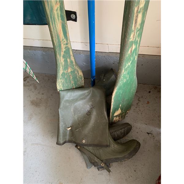 Paddle, 2 Green Row Paddles, Hip Waders, Boots size 8