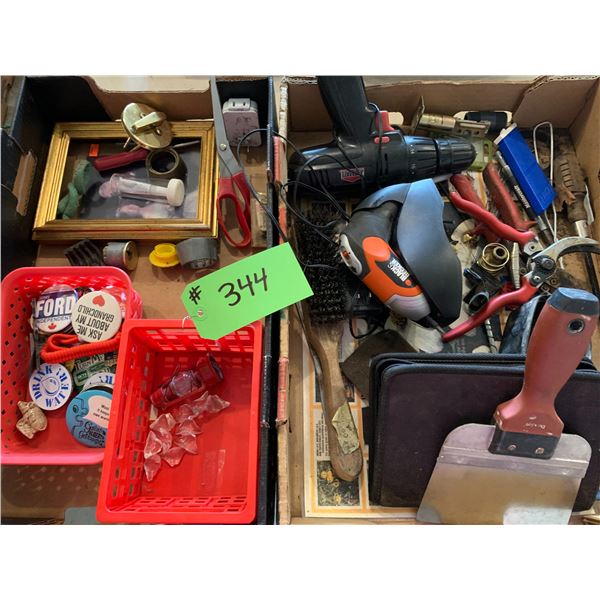 2- Boxes Misc. Jobmate Drill, B&D Small Drill, Brush, Picture Frame, Scissors, Badges, etc.