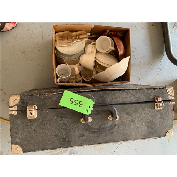 Black Suitcase with Art & Box of Assort. Of Cups, Saucers, Bowls