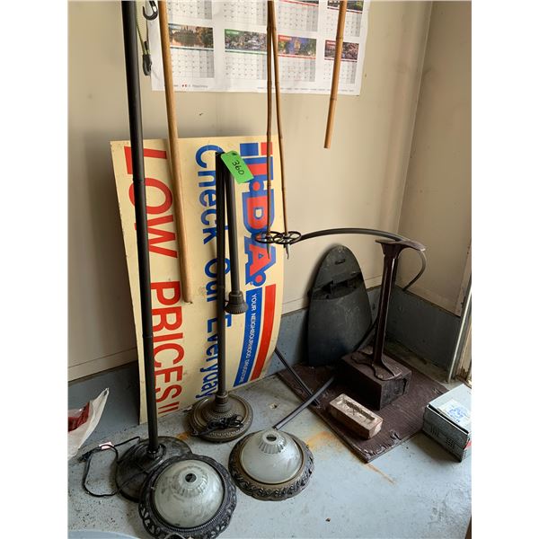 2- Floor Lamps & Glass Shades, Shoe Repair Stand, I.D.A. Sign, Rake, Ski Poles