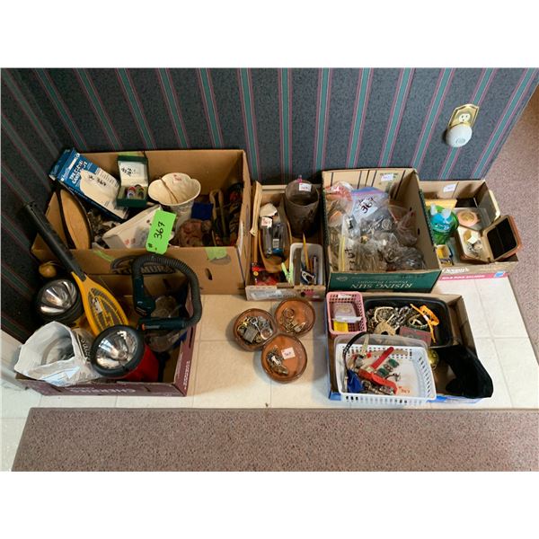 Misc. bug zapper, flashlight, jewelry, circle of friends, candle holder, door knobs & misc.