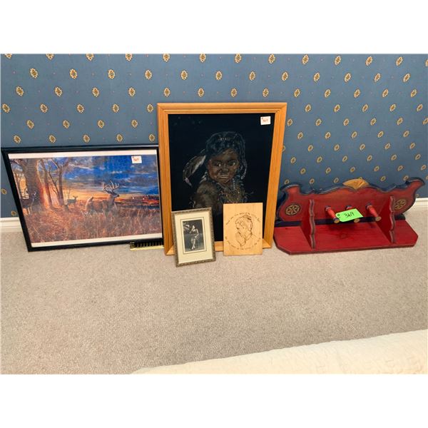 Assort. of various pictures & small coat rack with shelf