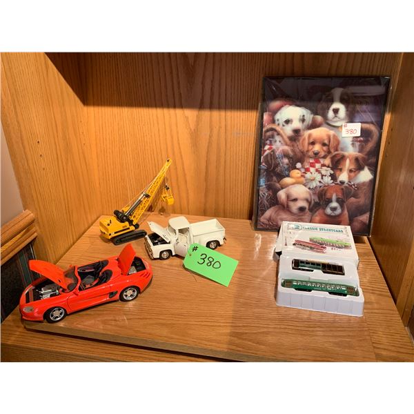 Puppy picture, CAT crane, White ford truck, red mustang Mach III, classic street cars