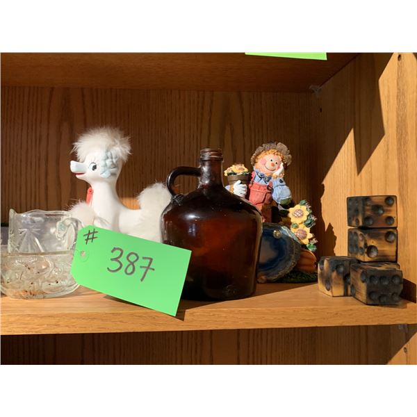 Large wooden dices, 4- soapstone carved figurines, brown glass jug (small), wooden jingle instrument