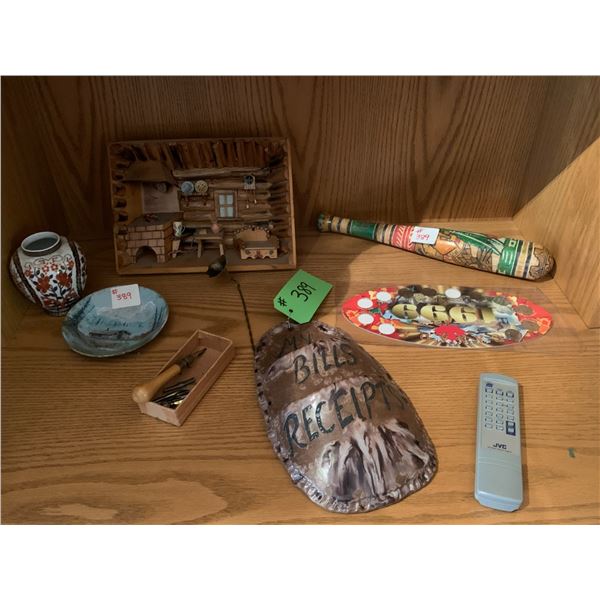 Aztec carved wooden club, 1999 quarter coin collection (incomplete), vintage quill pens & tips & mis