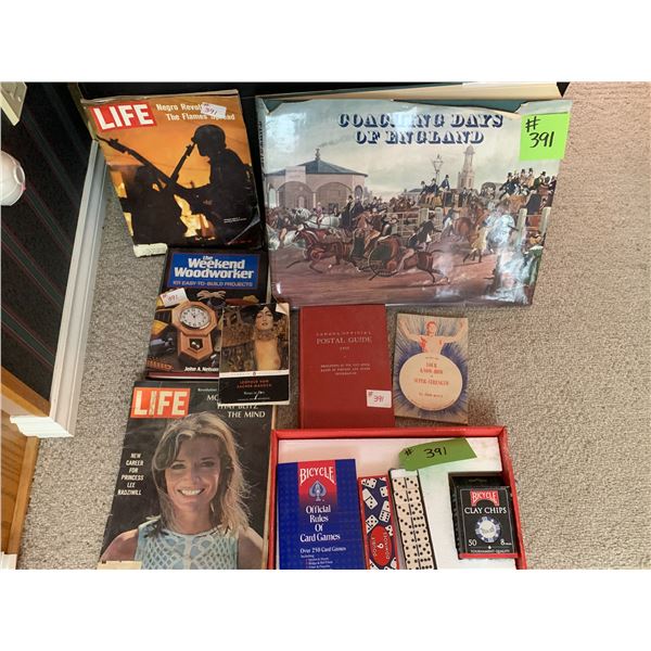 2- Antique LIFE mags, Bicycle clay chips, card game book, dominoes & qty of vintage books