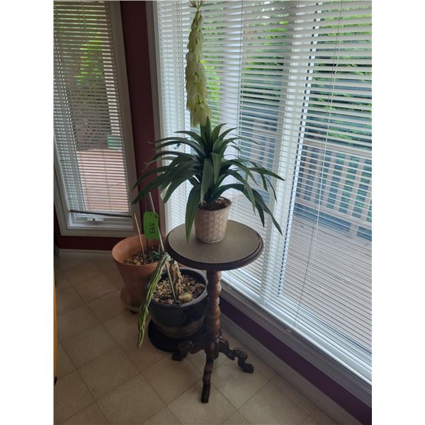 Plant stand c/w plastic plant, 2- plant pots c/w approx. 3- live plants