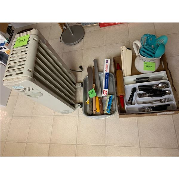 Baking dish c/w knifes, alum. Foil & nylon sharpy