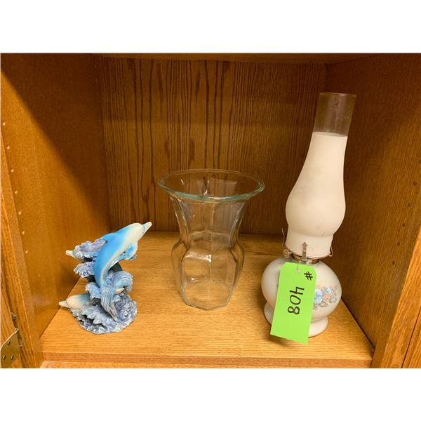 Oil lamp, glass vase & ceramic dolphin figurine