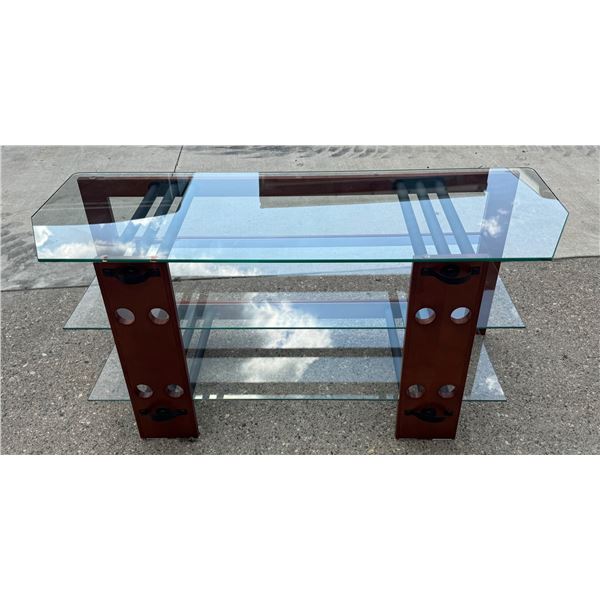 CONTEMPORARY GLASS, METAL, AND WOOD THREE TIER SHELF