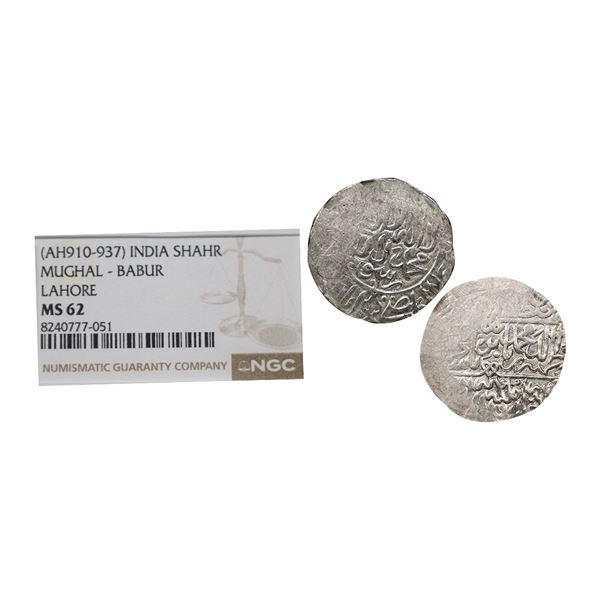 Babur (AH 932-937, 1526-1530 AD), Silver Shahrukhi, Lahore Mint, Rahman #112, graded by NGC as MS 62