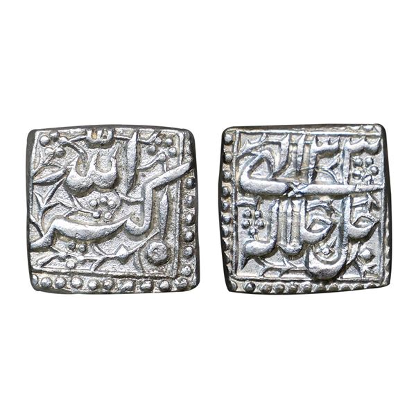 Akbar (1556-1605 AD), silver square rupee, mintless type, Ilahi 33, KM 91.1, 11.4g.