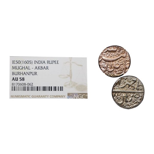 Akbar (AH 963-1014/1556-1605 AD), Burhanpur Mint, Silver Rupee, Elahi 50, Month Mihr.