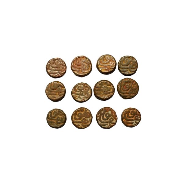 Akbar (AH 963-1014, 1556-1605 AD), Copper Dam, Delhi Mint, Full 12 Ilahi Months Set, KM #32.9.